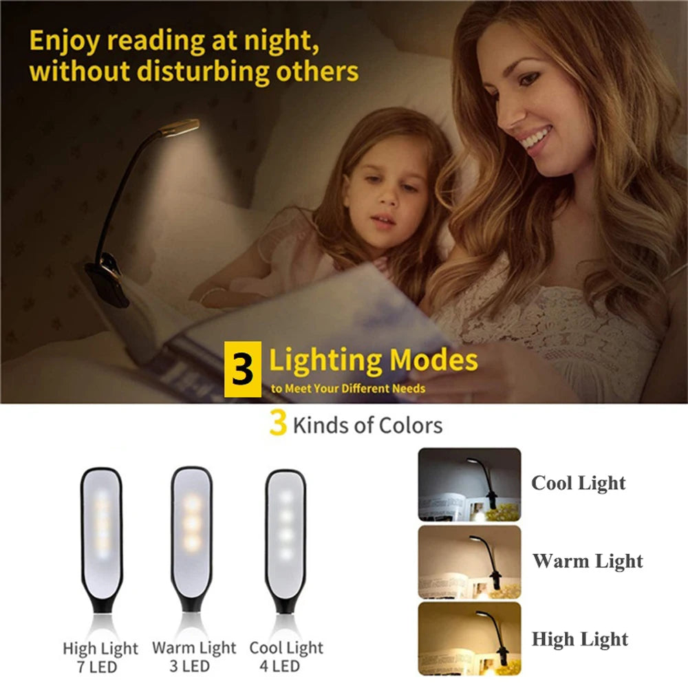 Lampe de lecture aste Mini 7 LED, 3 niveaux, blanc chaud, froid, flexible, lampe à clip facile, lecture de nuit, lampe au lit