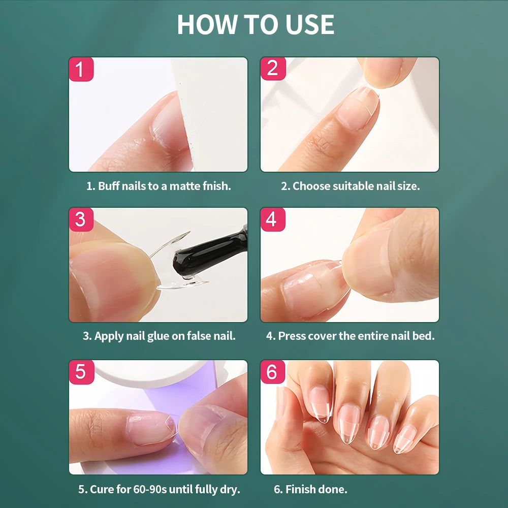 Faux ongles courts demi-couverture, extra court, carré, transparent, Gel, pré-forme avec poignées, 600 pièces