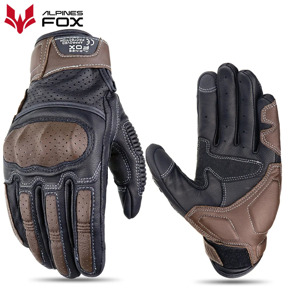 Gants de moto tactiles en cuir marron vintage pour hommes, certification CE, équitation, motocross, course de moto, motard