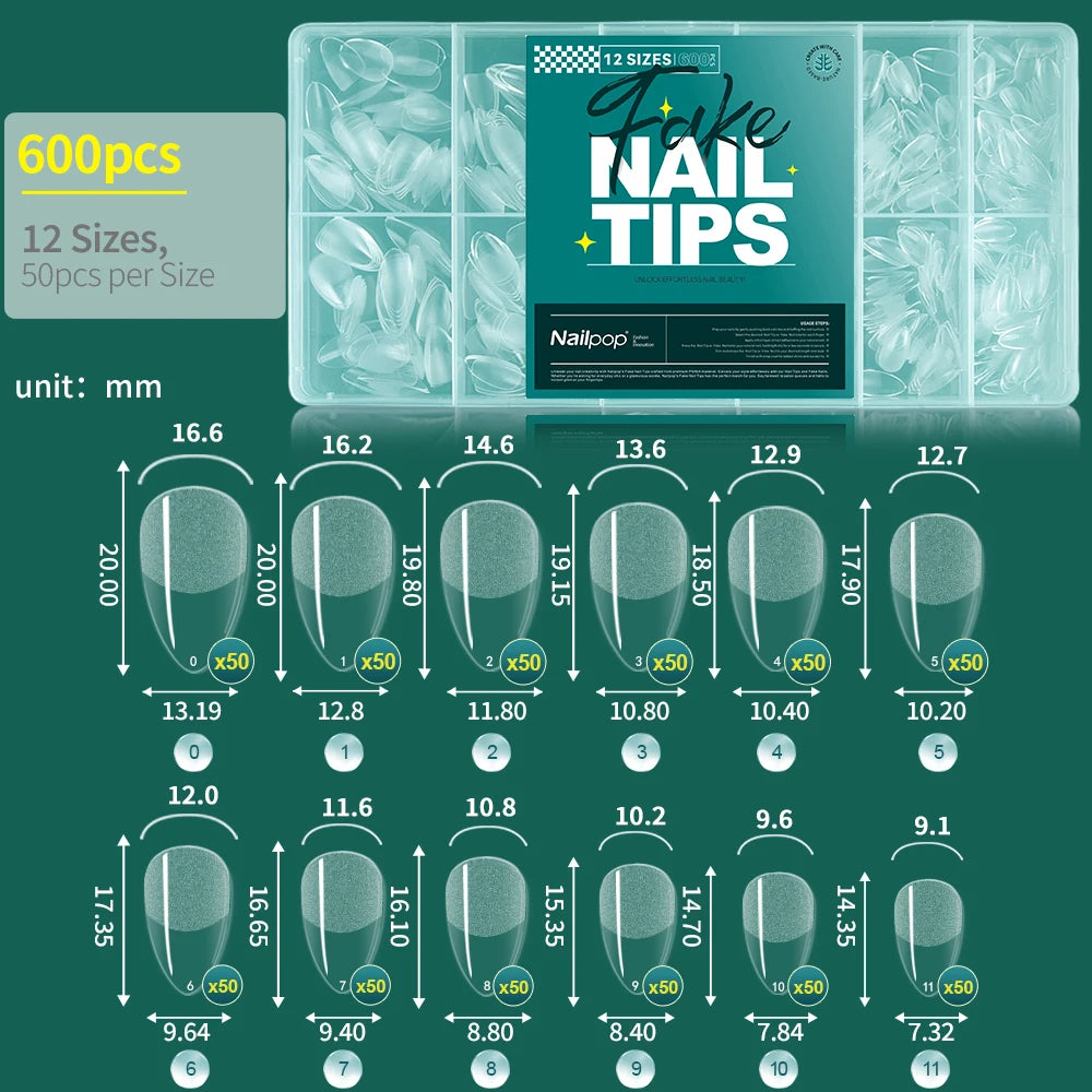 Faux ongles courts demi-couverture, extra court, carré, transparent, Gel, pré-forme avec poignées, 600 pièces