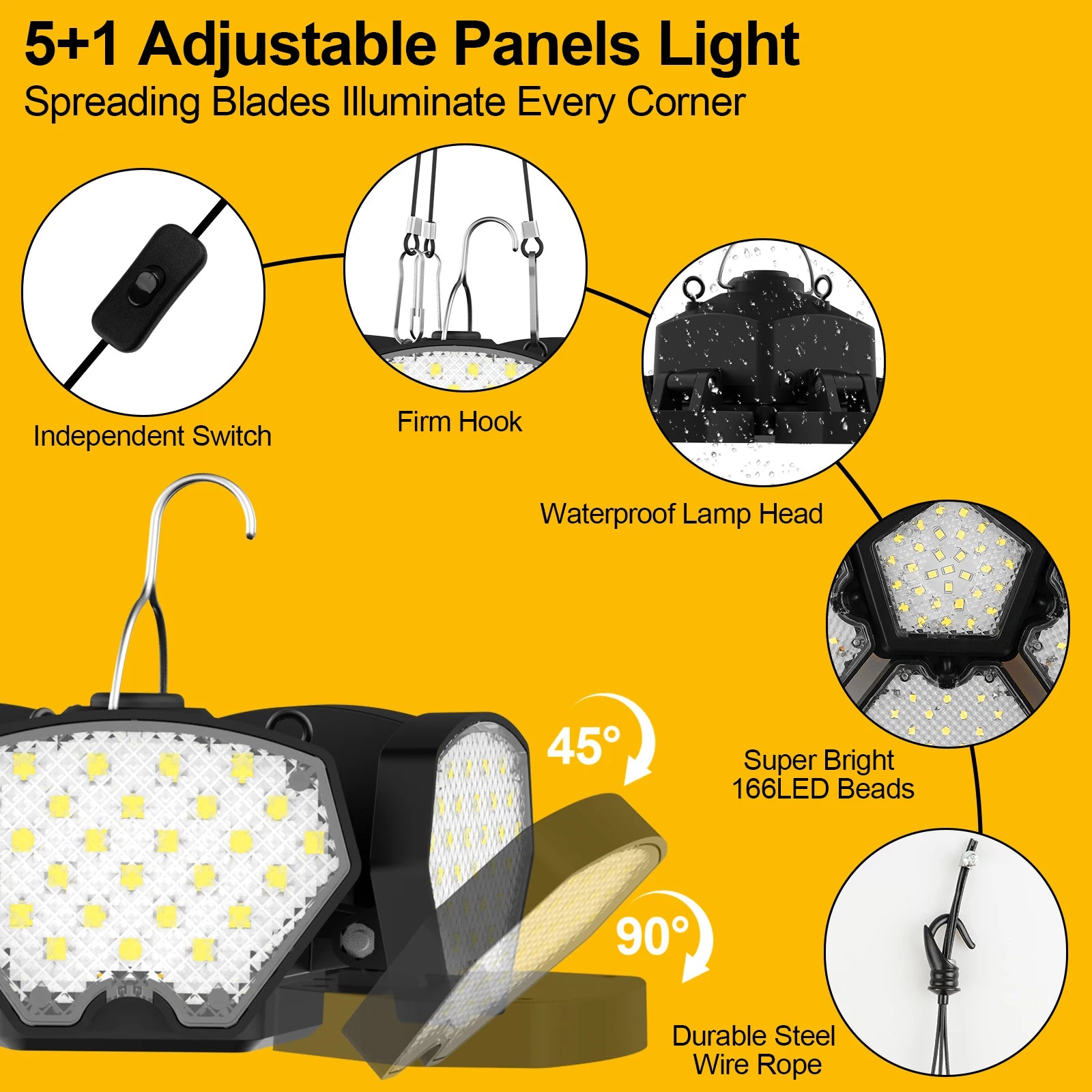 T-SUNRISE LED-Hängeleuchte – Kompatibel mit Dewalt 15-20V, 166 SMD2835 LEDs, verstellbarer Winkel, tragbare Garage- und Hallenbeleuchtung