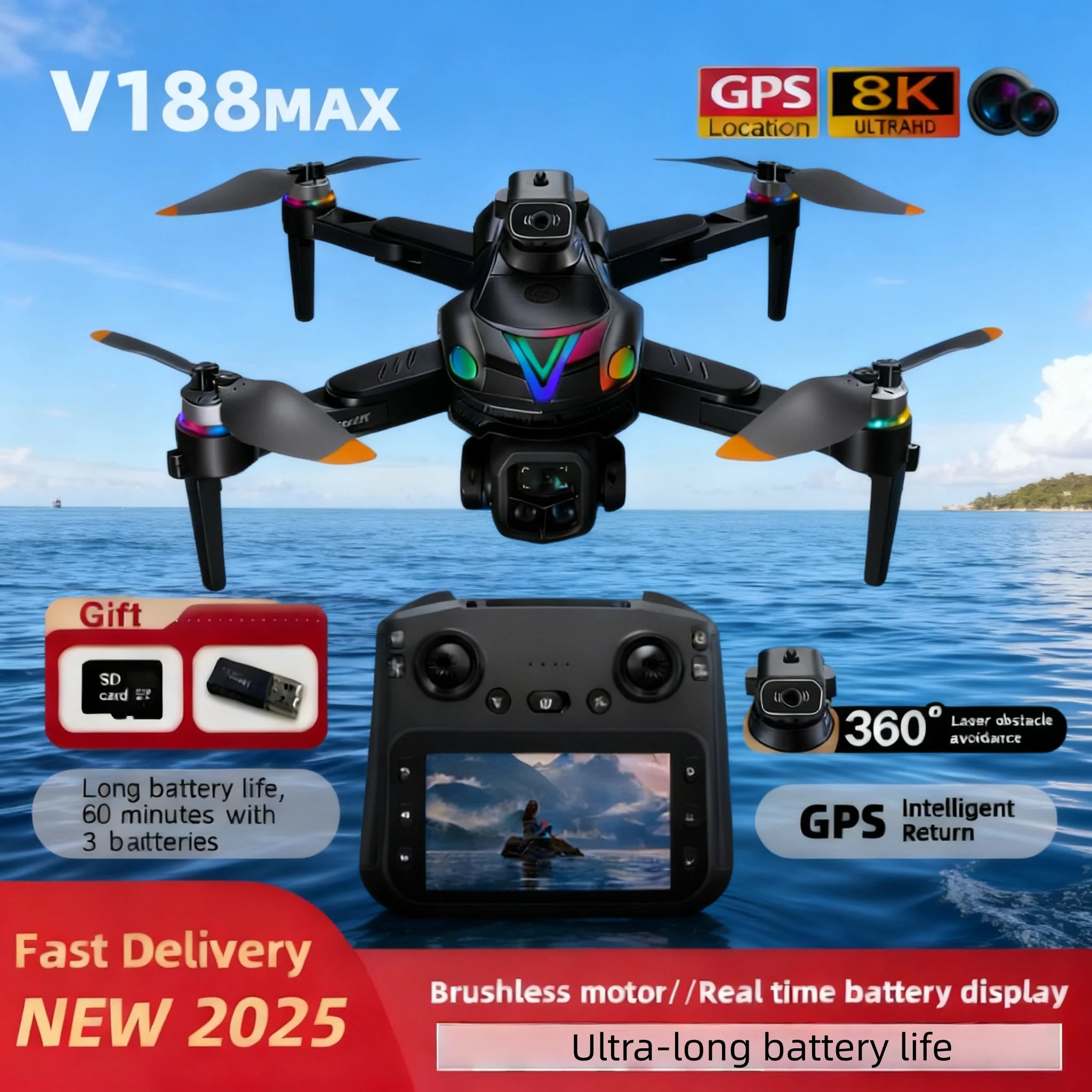 V188 MAX 8K Drone 5G – Quadrirotor pliable, caméra HD, écran intégré