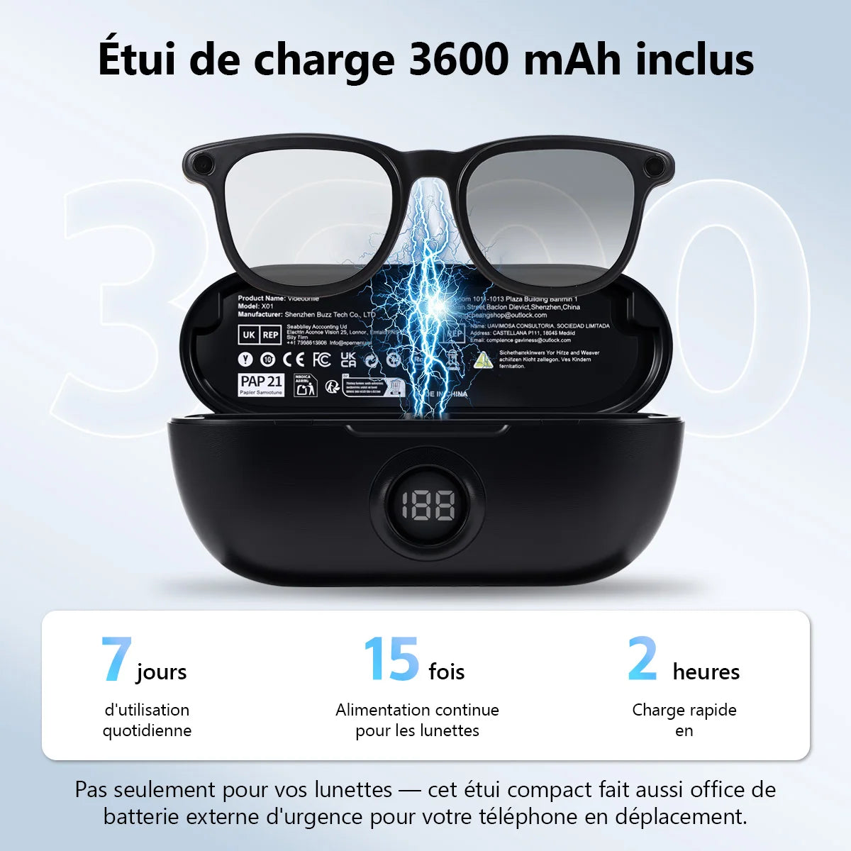 Lunettes Connectées Hganus Nouvelle Version Améliorée 800W avec Caméra, Étui Batterie 3600 mAh, Traduction IA, Enregistrement Photo/Vidéo