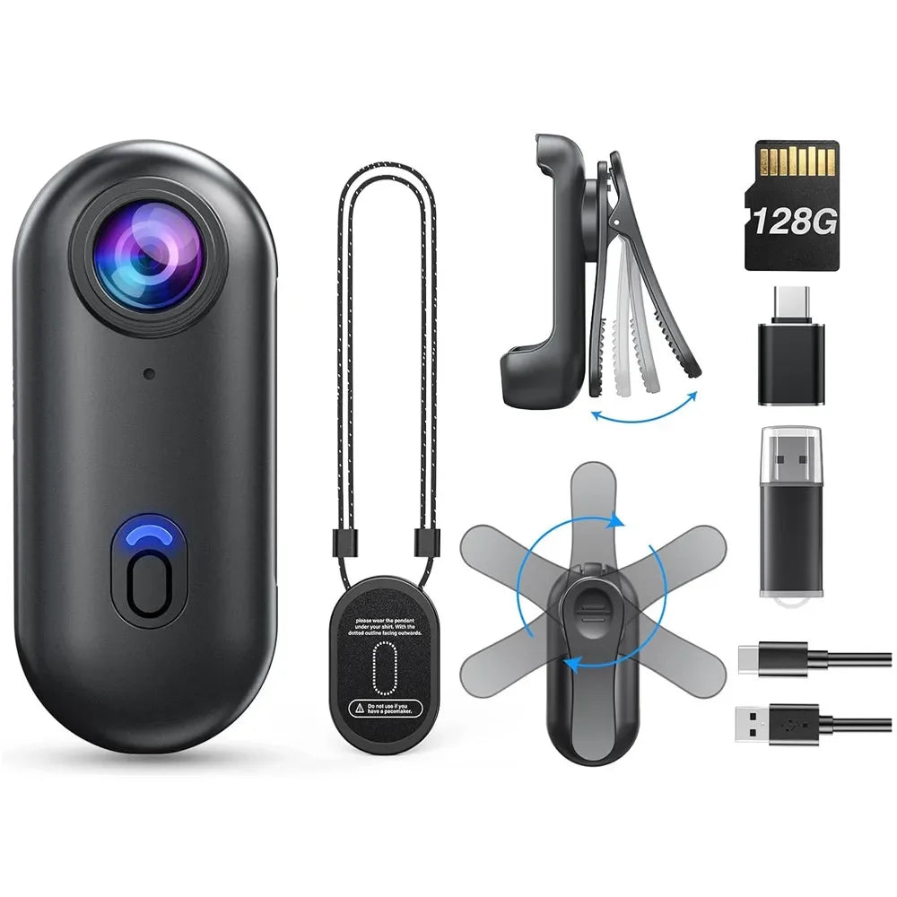 Mini caméra corporelle W4 1080P – Caméra 4K portable avec clip rotatif et support de casque
