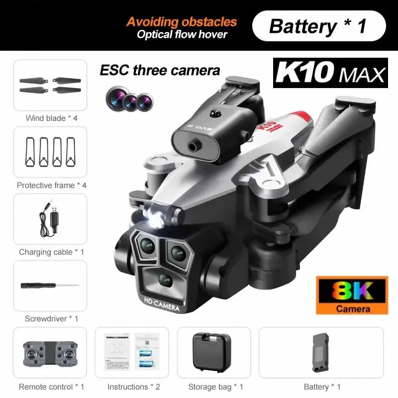 Drone K10 MAX – Pliable avec triple caméra 4K/8K et évitement d’obstacles