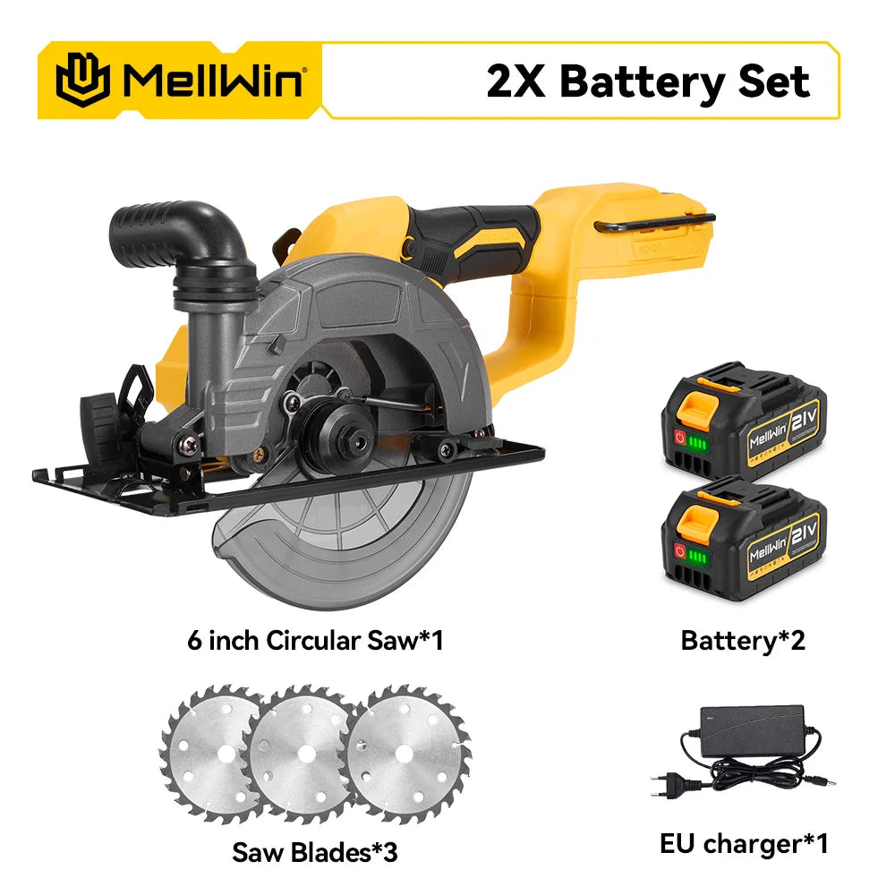 Scie circulaire électrique sans balais 150 mm MELLWIN – 6 pouces, angle réglable, outil de coupe pour le travail du bois pour broche de batterie 18 V