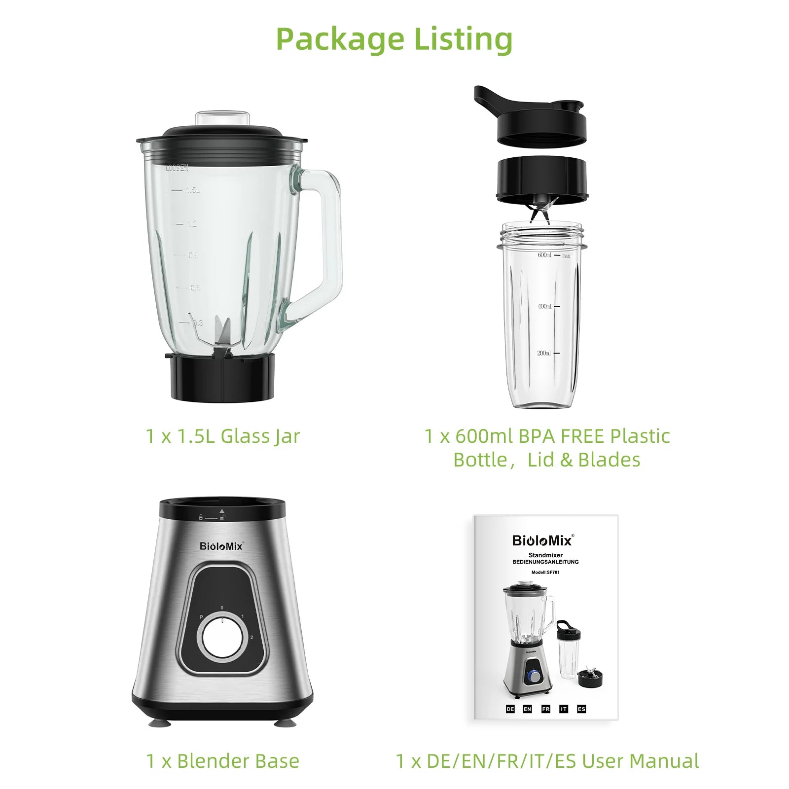 Mélangeur professionnel 1300 W avec pichet en verre sans BPA de 1,5 L, parfait pour les smoothies surgelés et les sauces maison