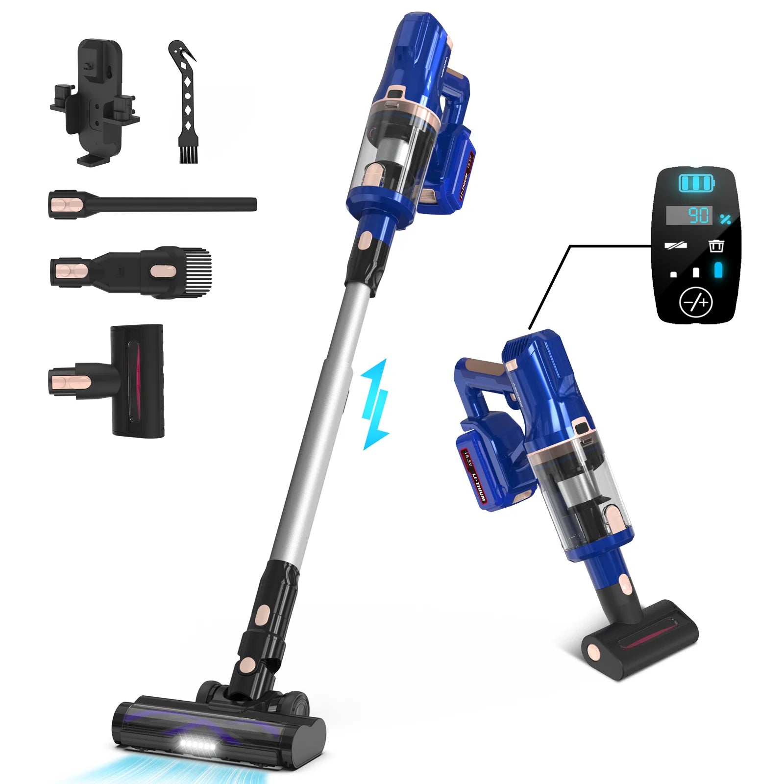 Aspirateur balai sans fil 300 W 30 kPa avec écran LED, batterie 4000 mAh, autonomie jusqu'à 60 minutes.