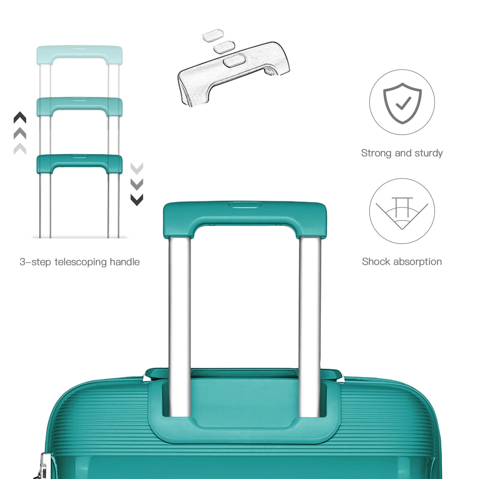 Ensemble de bagages rigides PP KONO 3 pièces – léger, 4 roues jumelles, serrure TSA, valises S-M-L
