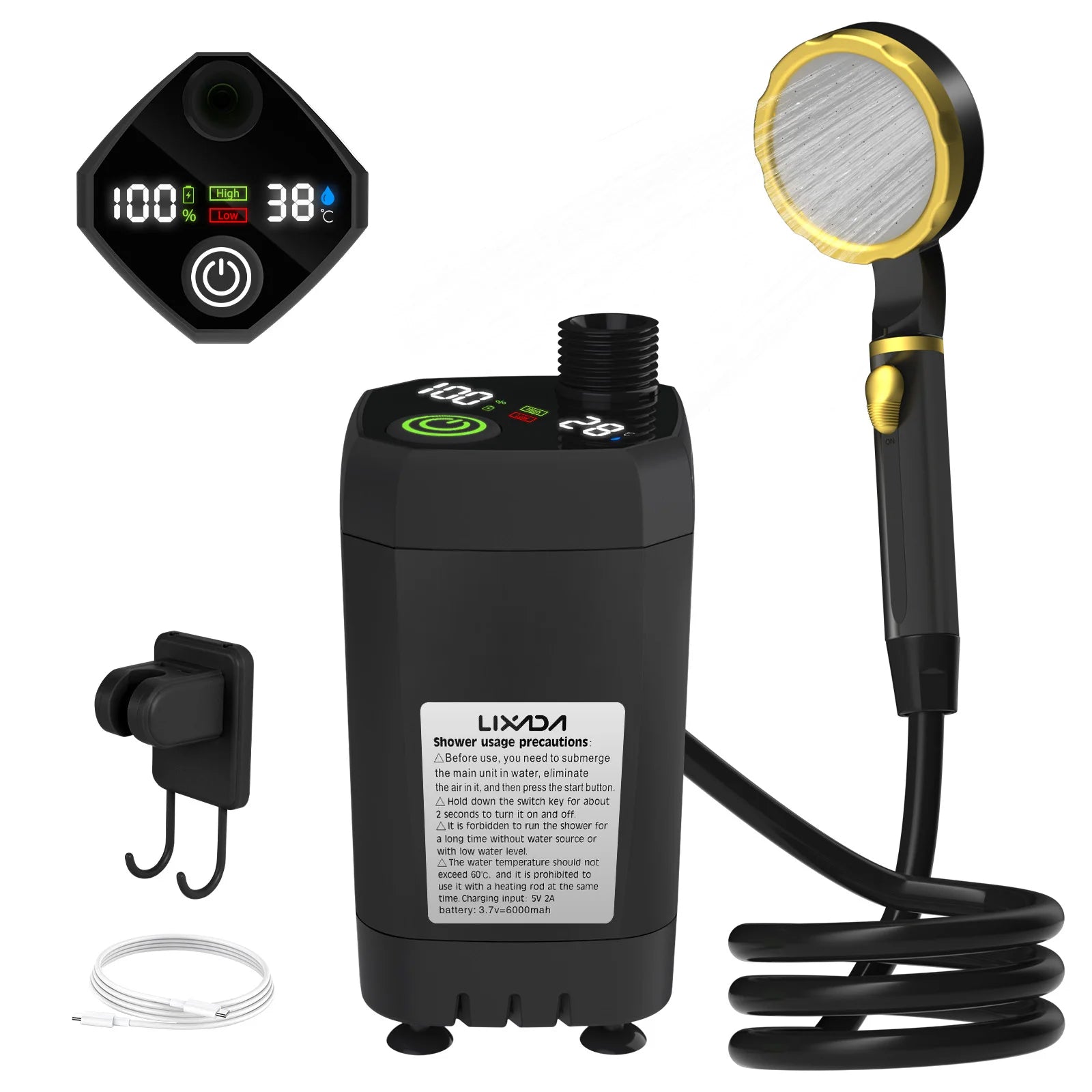 Camping Shower Pump, Outdoor Shower Kit, with Full Screen, Intelligent Digital Display, Adjustable, 6000mAh 