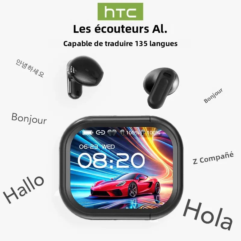 Écouteurs Bluetooth V6.0 HTC NE20, traducteur AI, écran tactile LCD OWS, casque de sport sans fil, son stéréo HD, longue durée de vie