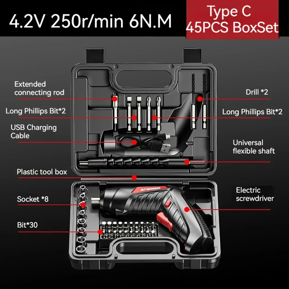 Tournevis électrique portable – Petit et puissant, rechargeable 4,2V 6Nm, 250 tr/min, kit complet