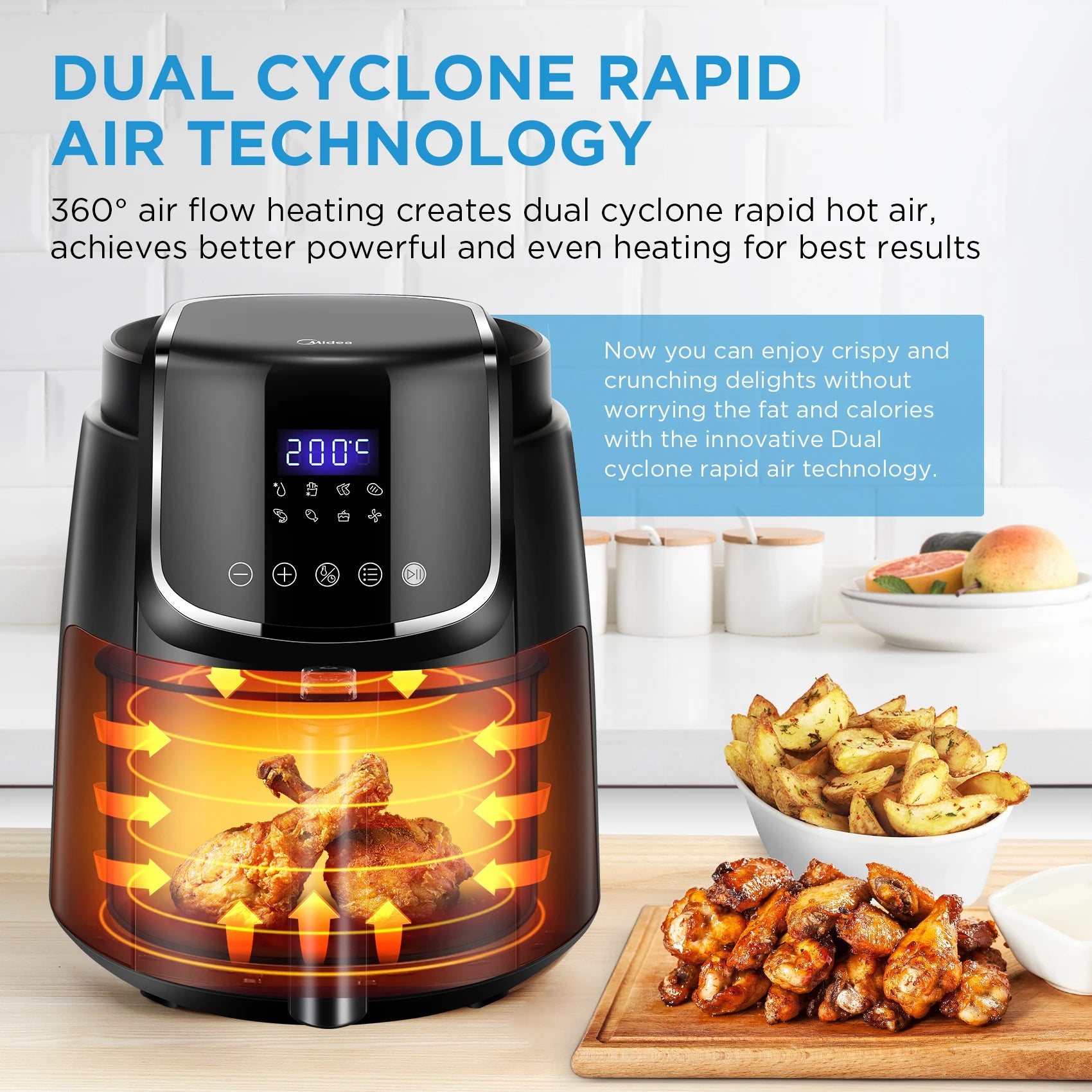 Air Fryer Friteuse à air chaud 4L Midea, friteuse à air sans huile 1500W, 8 modes de cuisson, 35-200 °C, cuisson au four, torréfaction, grillage, alarme