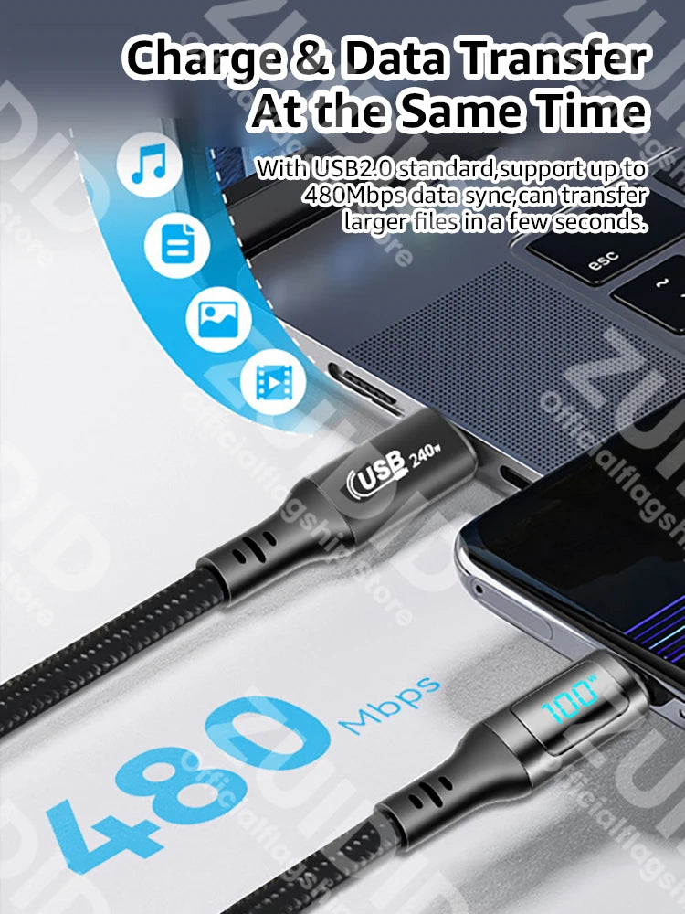 Câble PD240W USB C vers USB C pour iPhone 15 Pro 5A, charge rapide, cordon de données pour affichage numérique de Type C, pour MacBook Pro Xiaomi Samsung