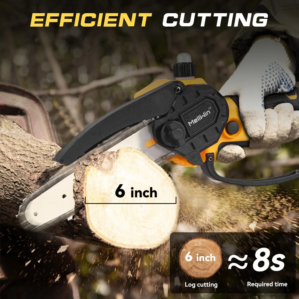 Scie à chaîne électrique MELLWIN 6 pouces – mini scie d’élagage portable, compatible batterie Makita 18 V