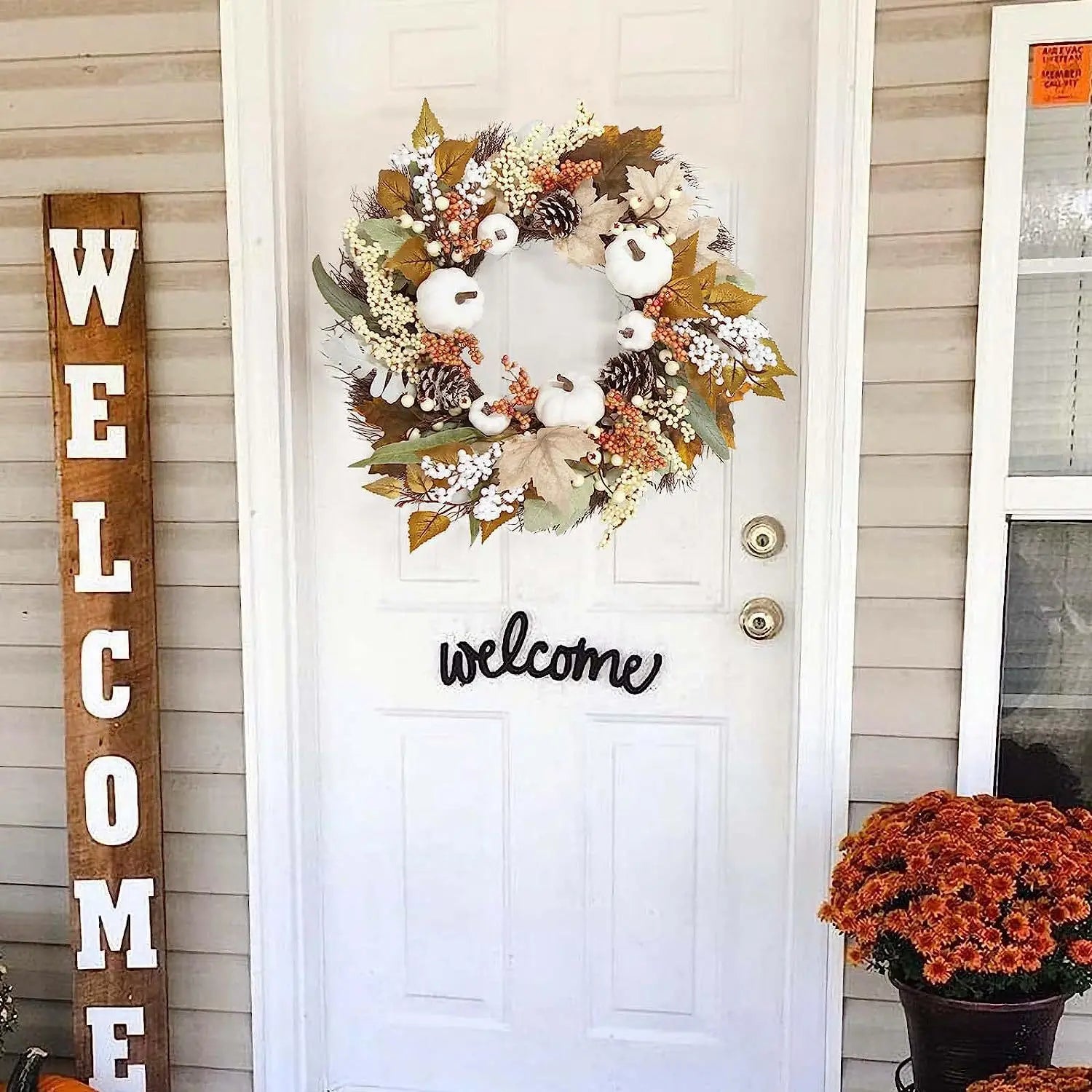 White Flower Wreath for Thanksgiving Decoration, Maple Wreath, Front Door, Indoor and Outdoor Wall, Home Decor, Fall