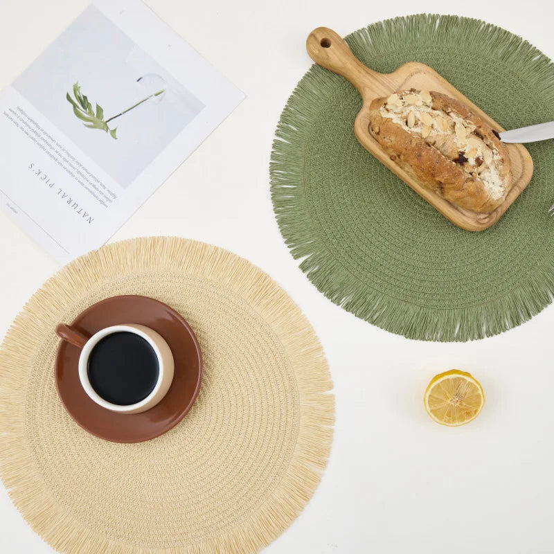 Coordinating Handwoven Polymer Round Placemats, Table Mats, Heat Insulation, Bowl Pads, Kitchen Utensils 