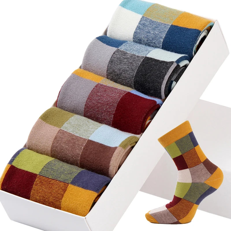 Chaussettes pour hommes, en coton peigné, plusieurs couleurs, lot à la mode quadrillé carré, taille de 39-45 -5 paires-