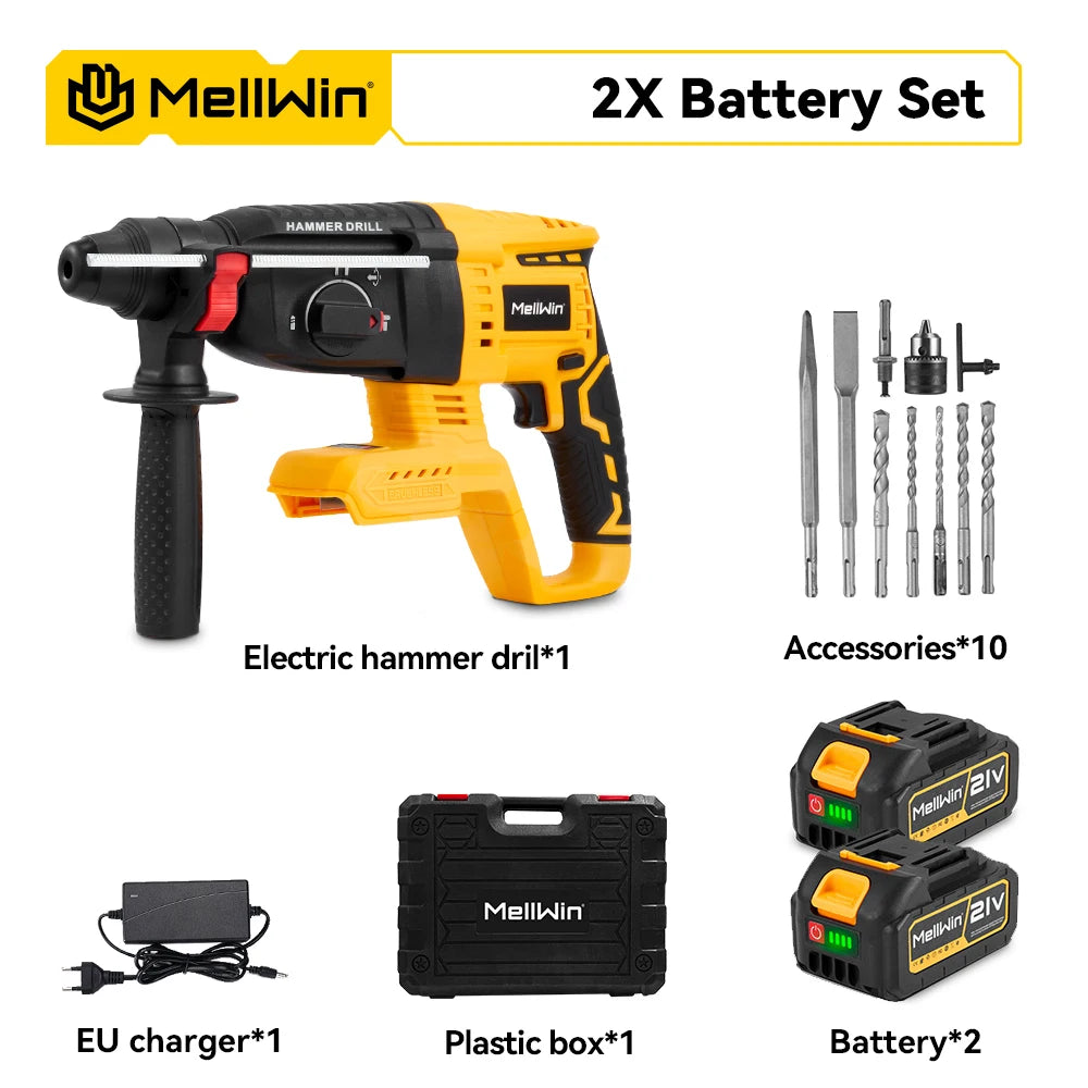 Perceuse à percussion électrique sans fil MELLWIN – 26 mm, moteur sans balais, marteau rotatif pour broche de batterie18 V