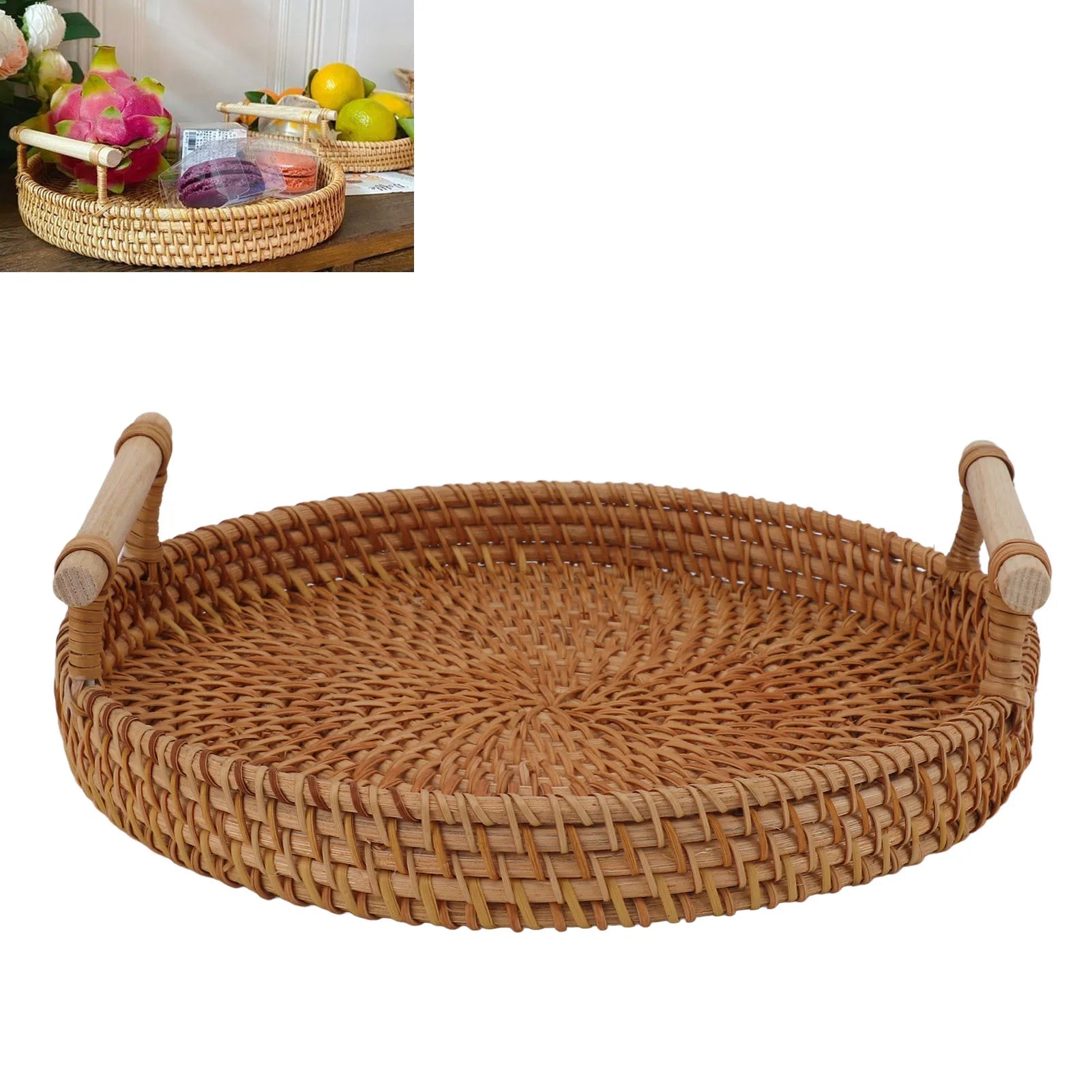 Rattan and Solid Wood Tea Plate, Round Food Service, Hand-Woven, Exquisite Decoration, Storage Display, JxFruit 