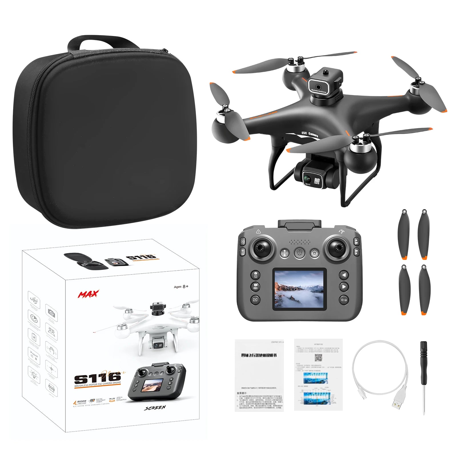 Drone S116 Pro HD – Double caméra, écran, moteur sans balais, quadrirotor RC, évitement d’obstacles, jouet RC, cadeau enfant