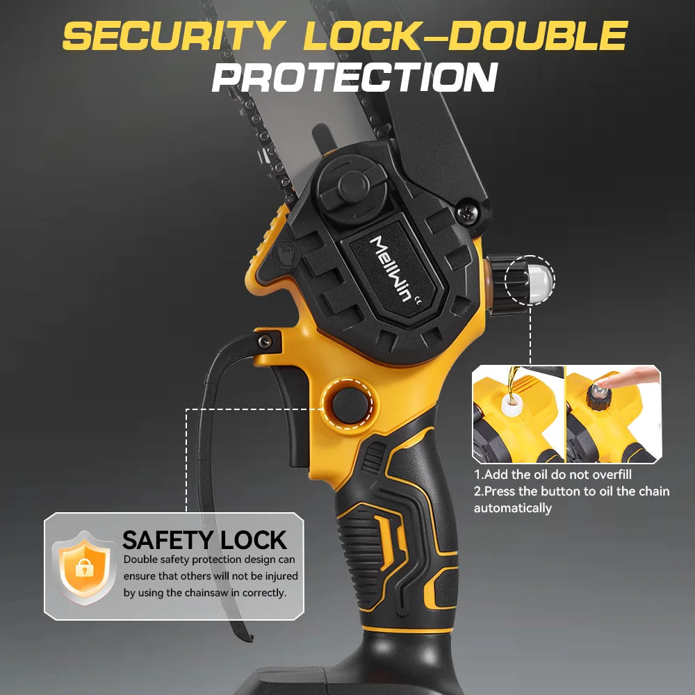 Scie à chaîne électrique MELLWIN 6 pouces – mini scie d’élagage portable, compatible batterie Makita 18 V