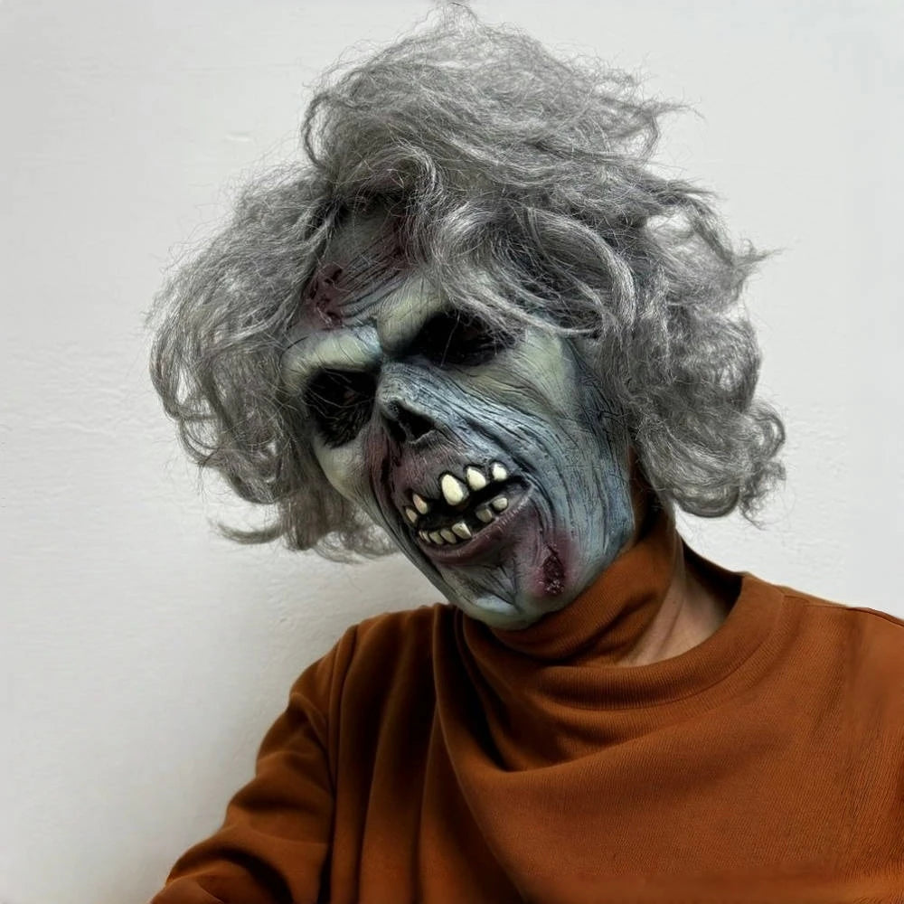 Masque Zombie Dead Man en caoutchouc pour cheveux gris pour adultes, avec morsure de sang, cicatrice d'halloween, accessoire de Costume détaillé pour mauvaises dents
