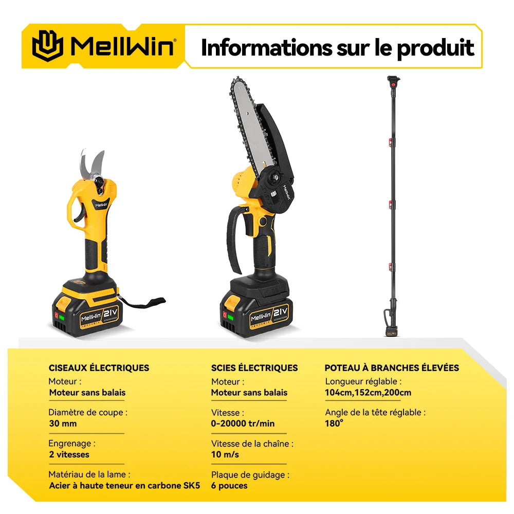 MELLWIN – Pôle télescopique 2 m, tronçonneuse et ciseaux électriques sans balais pour élagage, outil de jardin pour Makita 18 V