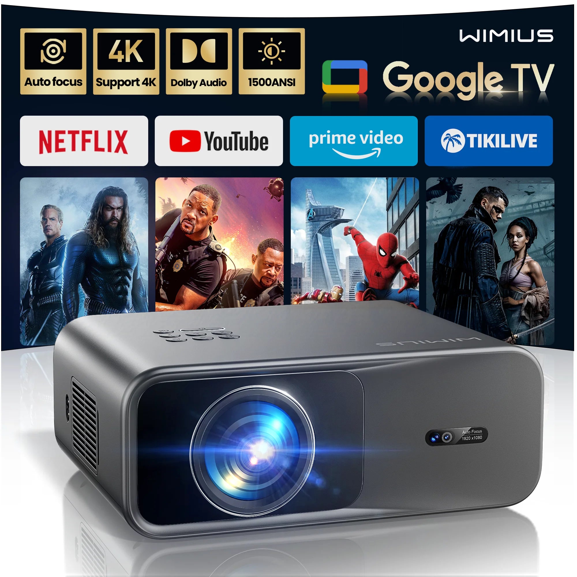 Projecteur Vidéo Wimius 4K Google TV 1200 ANSI – Home Cinéma avec Haut-parleurs 20 W