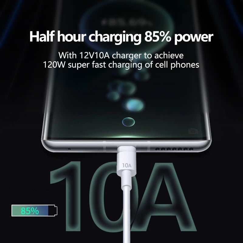 Câble USB-C 120W 10A – charge rapide – Huawei P30, Xiaomi, Realme, Samsung, Poco X6