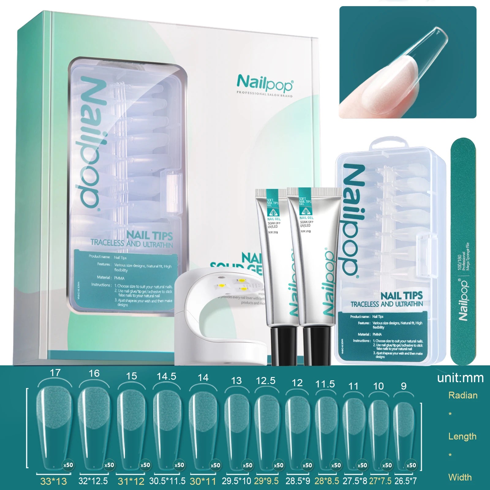 Gel UV Souple, Pointes, Lampe et Outils - Nailpop Kit d’Extension d’Ongles 600 pièces&nbsp;
