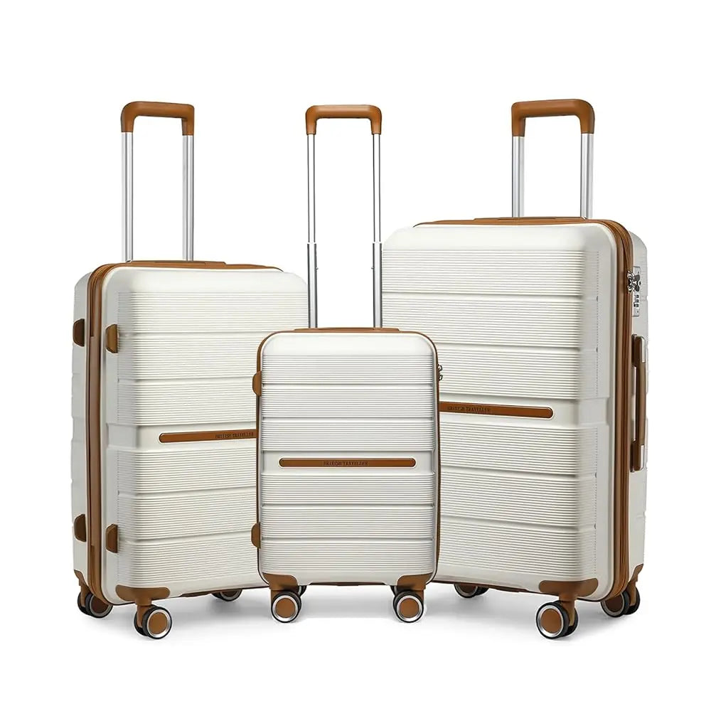 Ensemble de valises rigides 3 pièces 100 % PP British Traveller – 8 roues spinner, serrure TSA, bleu foncé