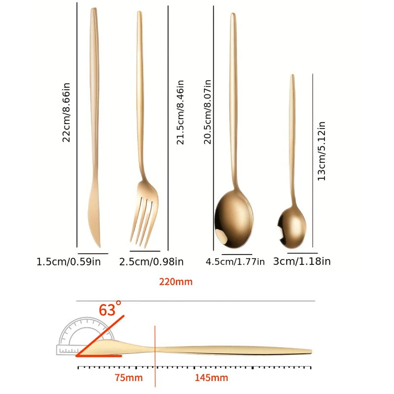 24-teiliges goldfarbenes Edelstahl-Geschirrset, Steakmesser, Gabel, Suppenlöffel, Teelöffel, spülmaschinenfestes Besteck, Küchengeschirr