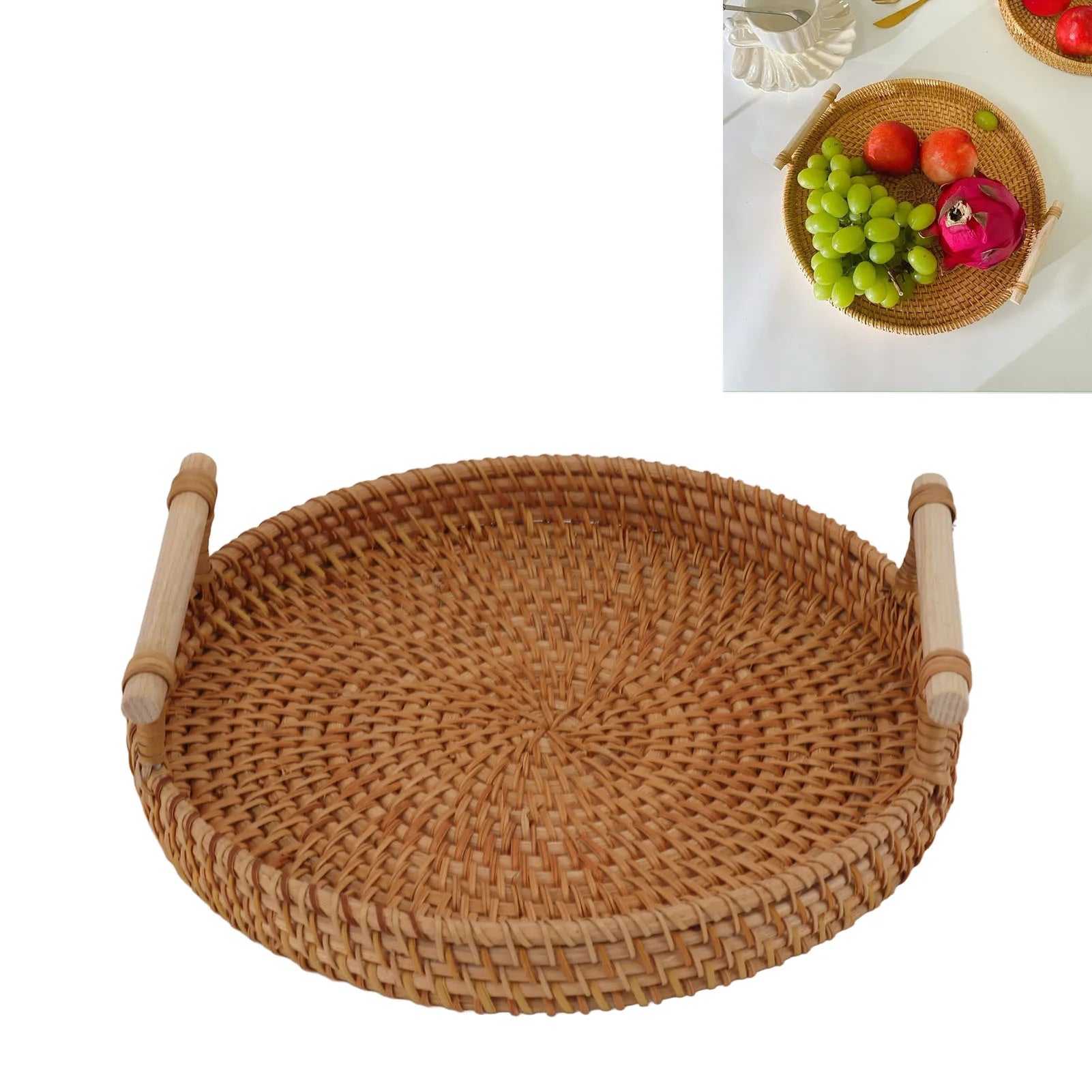 Rattan and Solid Wood Tea Plate, Round Food Service, Hand-Woven, Exquisite Decoration, Storage Display, JxFruit 