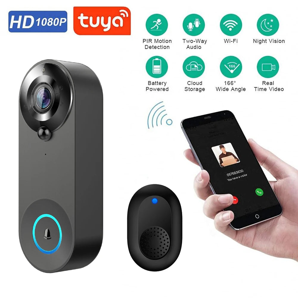 Sonnette de porte sans fil avec caméra Tuya Smart Home, interphone vidéo, protection de sécurité, détection de mouvement PIR, Wi-Fi, 1080P