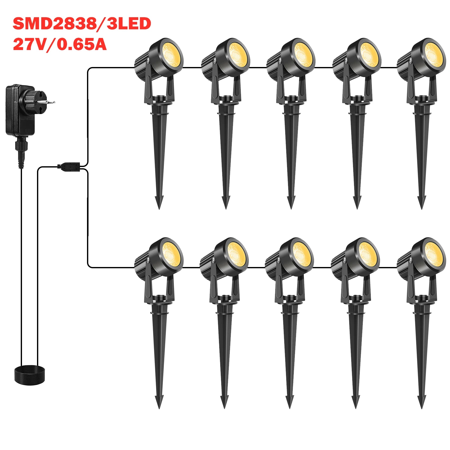 12V/27V LED Niedervolt Gartenbeleuchtungsset – 2 bis 10 Leuchten, 800LM, IP65 wasserdicht, warmweißes Licht 3000K