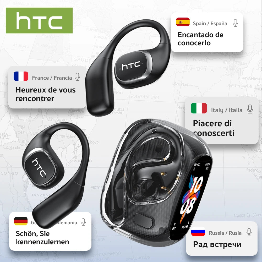 Écouteurs de traduction, Casque audio sans fil Bluetooth 6.0 OWS HTC NE11, Écran tactile couleur, Batterie ultra longue durée