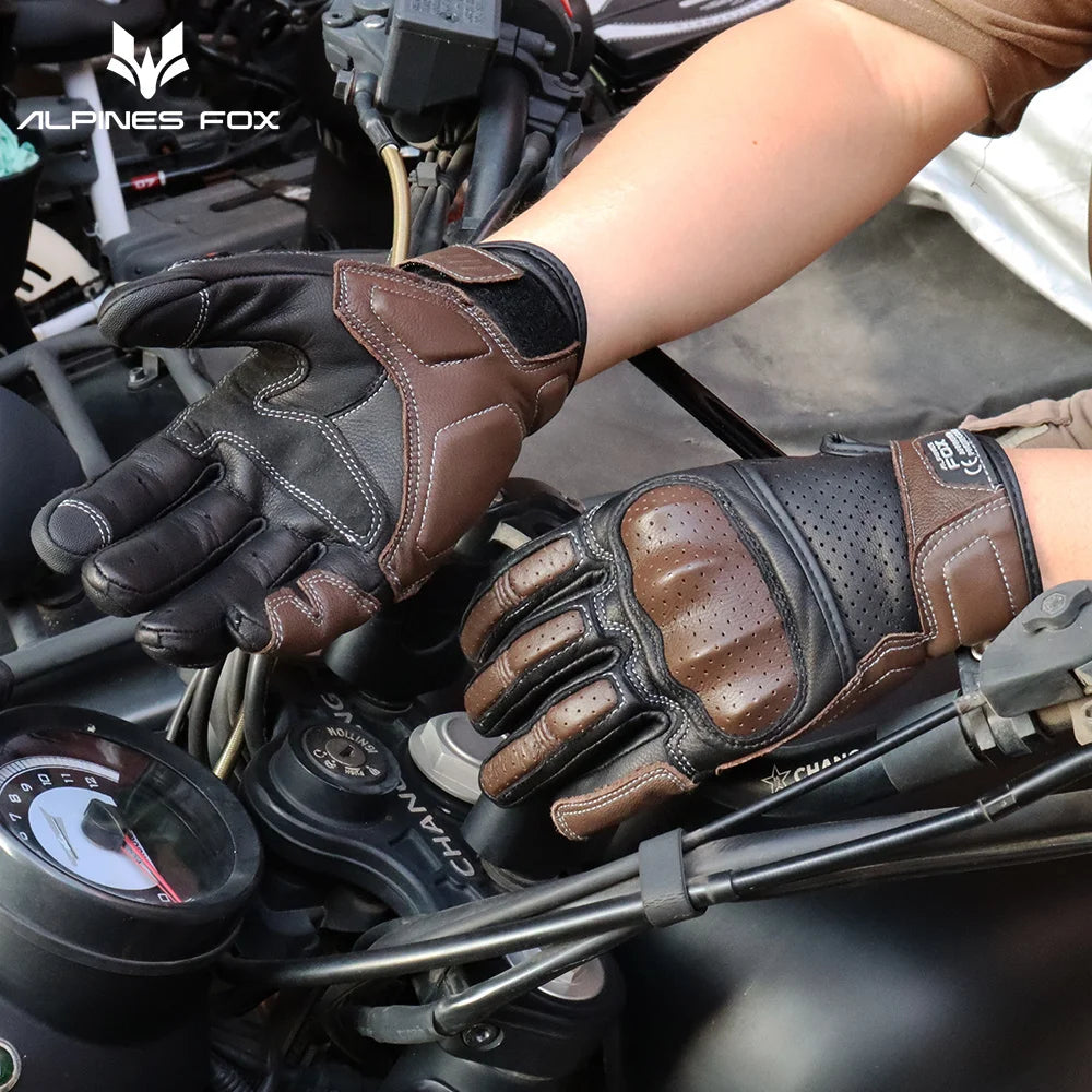 Gants de moto tactiles en cuir marron vintage pour hommes, certification CE, équitation, motocross, course de moto, motard