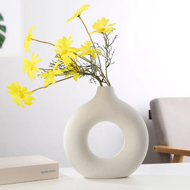 Nordic Hollow Ceramic Circular Vase, Donut Shape Flower Pot, Home Decor Accessories for Living Room, Office and Gift