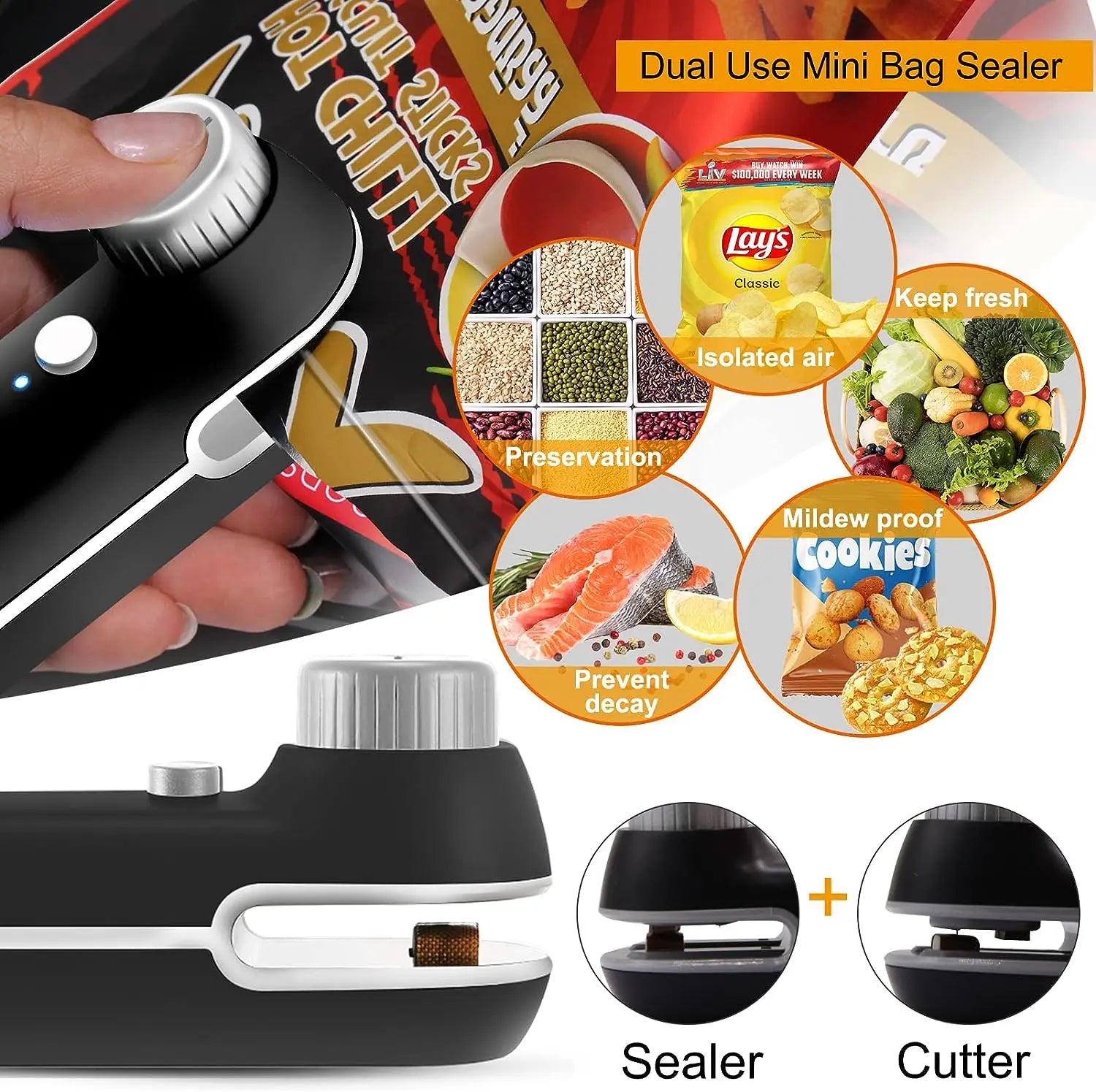 GT Snack Mini 2 in 1 Rechargeable Heat Sealer for Plastic Storage Bag, Reset, USB 