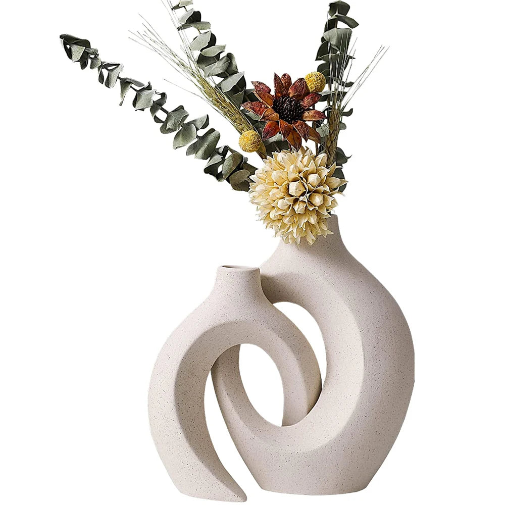 White Ceramic Circular Hollow Vase for Home Decor Wooden Flower Pot Office Living Room Home Decoration Accessories