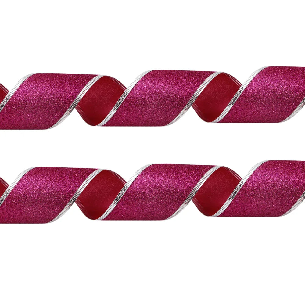 Rubans décoratifs à paillettes de 200cm x 6.3cm, rouge, argent, or, avec fil de fer, pour décoration de noël, nœuds artisanaux