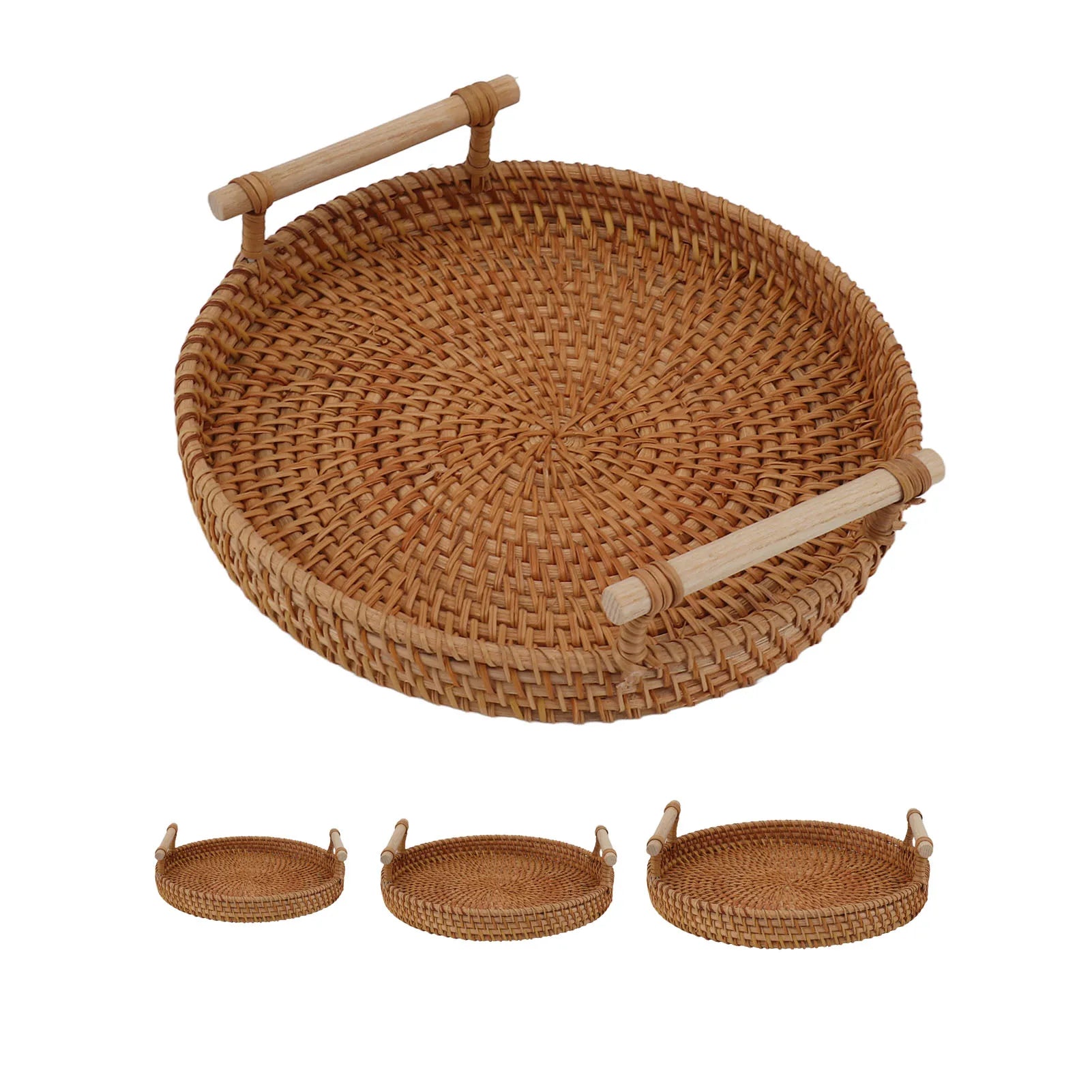 Rattan and Solid Wood Tea Plate, Round Food Service, Hand-Woven, Exquisite Decoration, Storage Display, JxFruit 