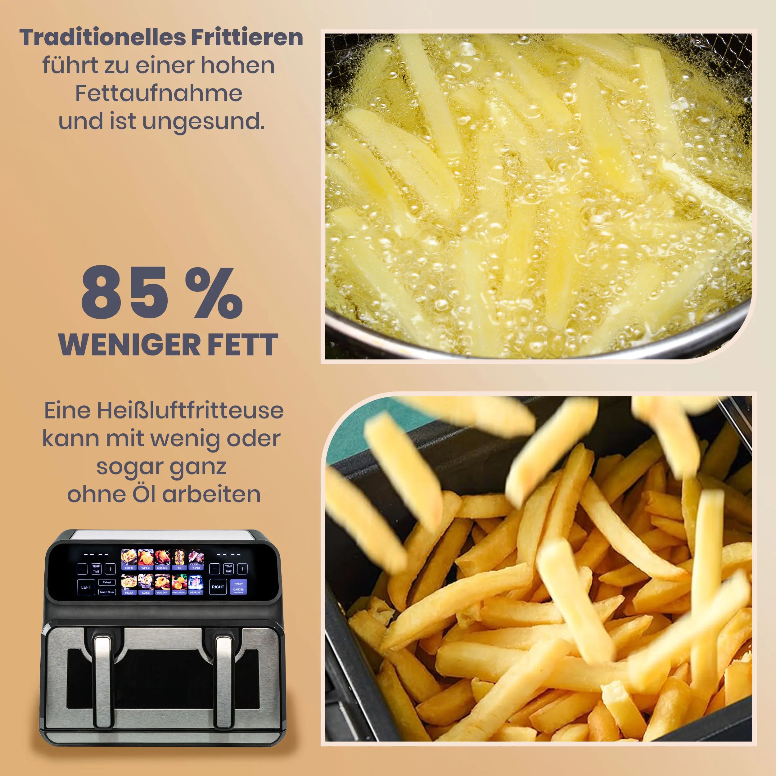Air Fryer Friteuse à air chaud double panier Sinaopus 9 L – 2200 W, écran tactile LED, 10 programmes, mode double ou grande chambre