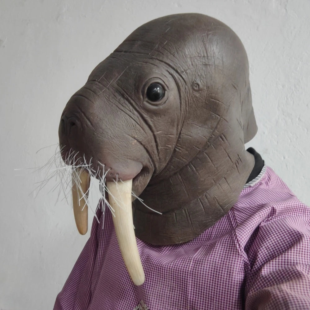 Masque de morse / Lion de mer en latex – Tête complète, costume animal, drôle et légèrement effrayant