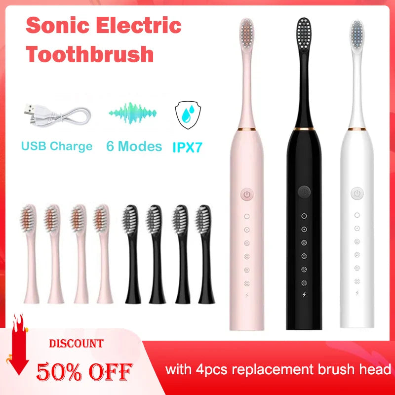 Brosse à dents électrique à synchronisation intelligente, chargement USB, blanchiment des dents, brosse à dents sonique avec tête de rechange