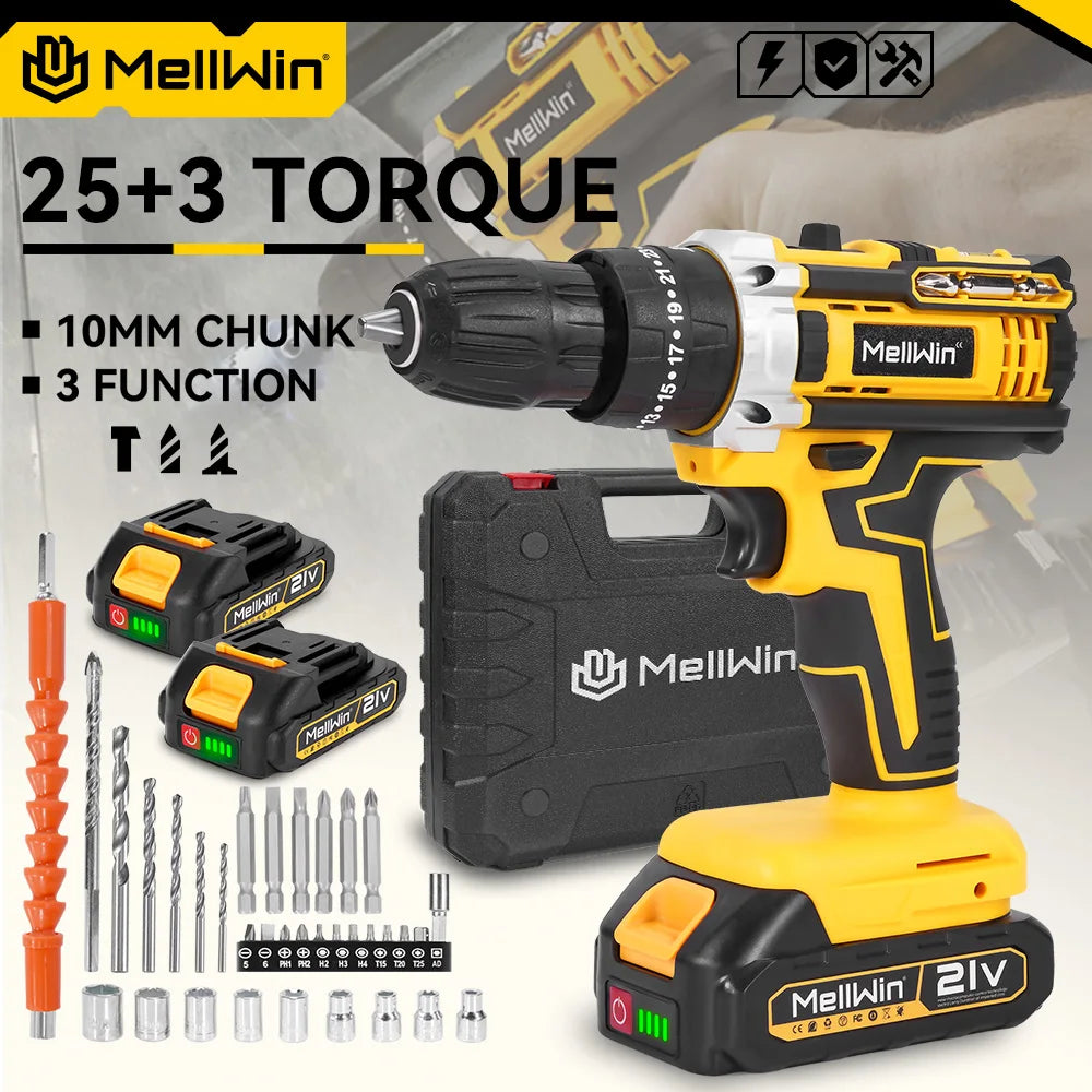 MELLWIN – perceuse à percussion électrique à couple 25 + 3, tournevis électrique sans fil polyvalent, outil électrique de bricolage pour broche de batterie Makita 18V