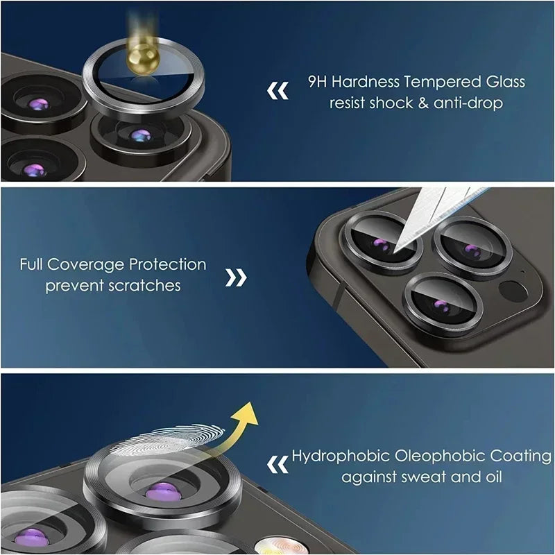 Verre de protection d'objectif en métal, 3 pièces, pour iPhone 13 12 11 15 16 17Pro Max Mini, Film de protection d'objectif de caméra arrière pour iPhone 16 15 Plus