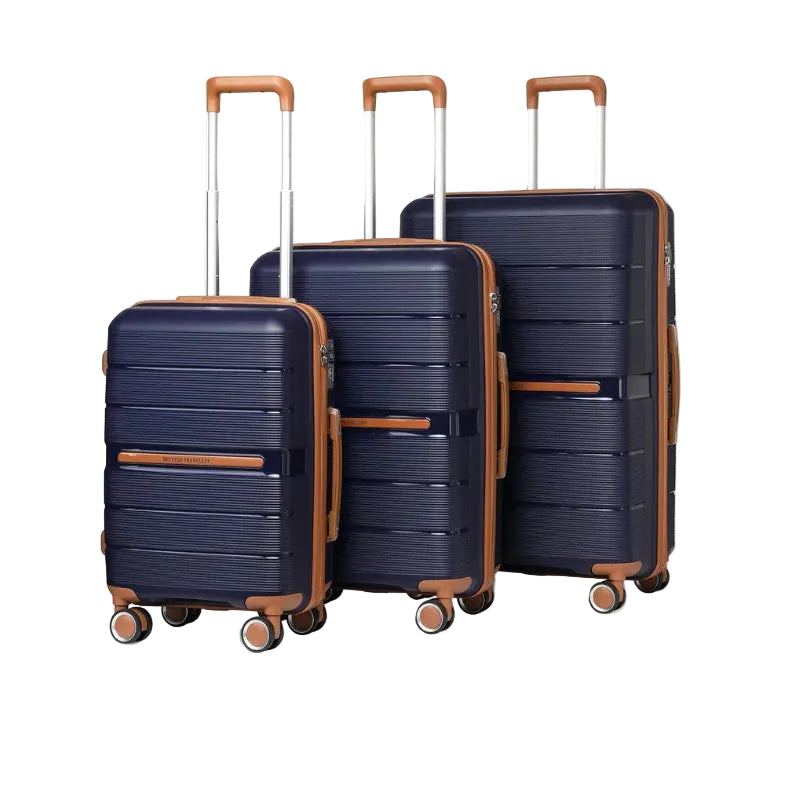 Ensemble de valises rigides 3 pièces 100 % PP British Traveller – 8 roues spinner, serrure TSA, bleu foncé
