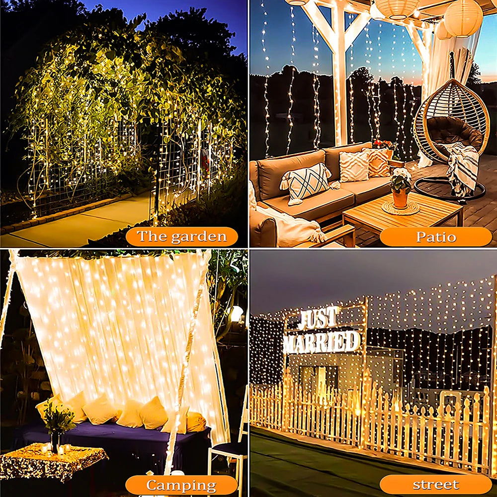 300 LED Solar Curtain Lights Outdoor Waterproof Garden Yard Pavilion Fairy String Lights Decoration 